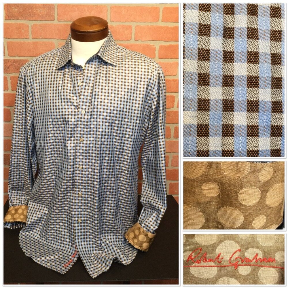 Robert Graham Mens Check Long Sleeve Button Up Shirt Contrast Polka Dot Cuffs